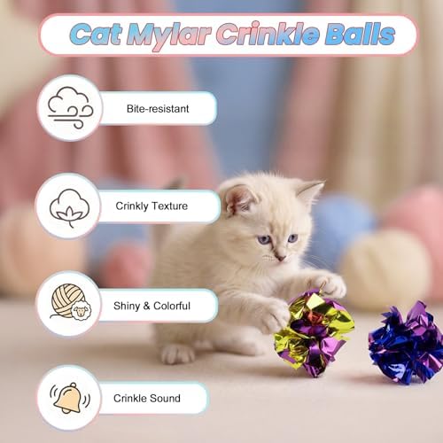 9 Pack Cat Toy Balls for Indoor Cats, Pom Pom Fuzzy Balls with Bells, Wool Yarn Toy with String, Mylar Crinkle Balls Interactive Kitten Toys for Indoor Cats Chase and Play Keep Busy Stress Relief - Image 2