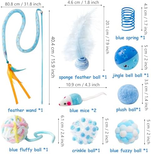 MALLMALL6 Cat Toy Set Interactive Cat Toys 10Pcs Pack Including Cat Springs Feather Teaser Wand Mice Crinkle Balls and Pet Bell Balls, Puzzle Interactive Pet Gift Pack Toys for Indoor Kitten (Blue) - Image 2