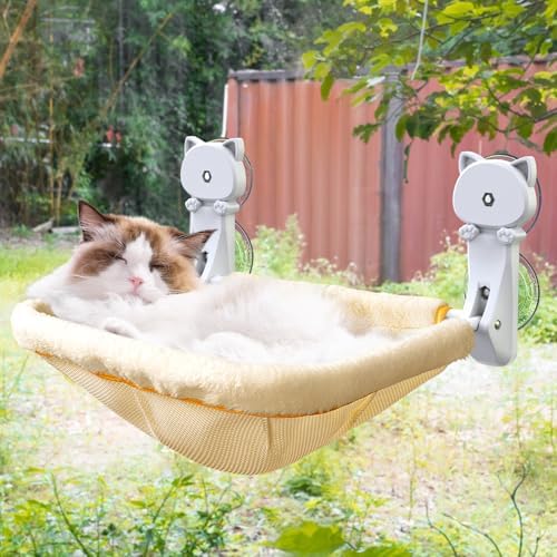 JUNSPOW Cat Window Perch Cordless, Foldable & Stable Cat Beds- Breathable Cat Window Hammock for Overlooking, Sunbathing and Climbing - Maximum Hold Up to 40lb(Cream) by JUNSPOW
