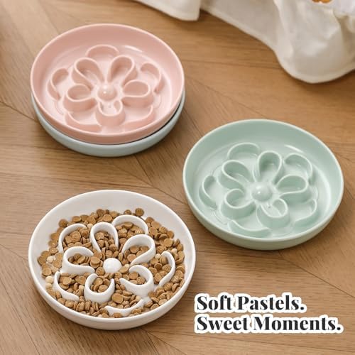 Melamine Cat Slow Feeder Bowl Set - Floral Maze Food Dishes for Cats and Small Dogs - Shallow Wide Plates for Dry & Wet Food - 3 Pack - White & Pink & Green - Image 6
