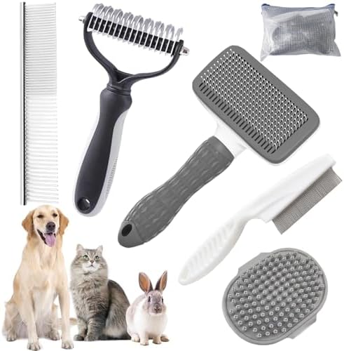 Dog Brush for Shedding,6 PCS in One Pet Slicker Hair Brush Kit Organizer Bag - Dog Cat Grooming Deshedding Undercoat Rake Brush Comb for All Small Large Dogs Cats Grey by KUEIOX