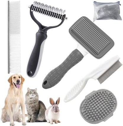Dog Brush for Shedding,6 PCS in One Pet Slicker Hair Brush Kit Organizer Bag - Dog Cat Grooming Deshedding Undercoat Rake Brush Comb for All Small Large Dogs Cats Grey by KUEIOX