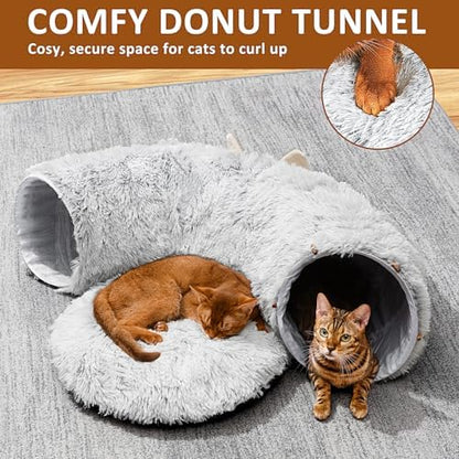 Cat Tunnel with Cat Bed for Indoor Cats, Under Christmas Tree Soft Plush Peekaboo Cat Cave Donut Tunnel, Multifunctional Playground Toys Hideplace for Kittens, Rabbit, Ferret (Grey) - Image 4