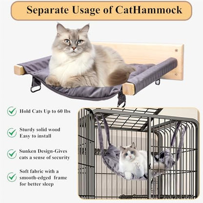 JSPYFITS Wooden Cat Furniture Wall Mounted, Double Layer Hammock, Large Size 18.9″ Removable Multi-Function Cat Bed for Sleep/Play/Climb, Kitten Window Perch, Easy DIY Installation(Grey) - Image 6