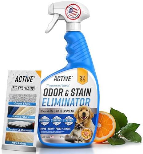 Pet Odor and Stain Eliminator - 32 oz ACTIVE Enzyme Cleaner for Dog & Cat Urine, Stain Remover Spray for Carpet, Upholstery, Hardwood, Spot Cleaning, Deodorizer for Dogs Cats Pets - Natural Citrus Oil by ACTIVE