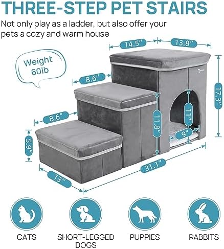 Foldable Pet Stairs with Cozy House & Storage - Image 5