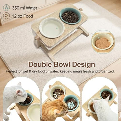 Elevated Cat Bowl, 12 Ounce Ceramic Raised Cat Bowl for Dry and Wet Food, 2 Dishs with Adjustable Wood Stand, for Indoor Kitten, Cats and Puppy, Dishwasher Safe (Cream+Green - Image 2