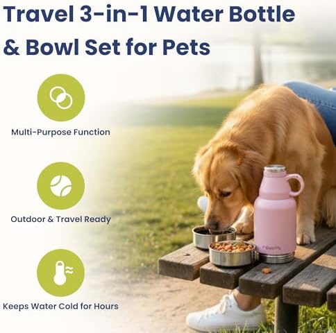PawsPik 3-in-1 Travel Dog Water Bottle & Bowl Set, 32oz, Pink - Image 2