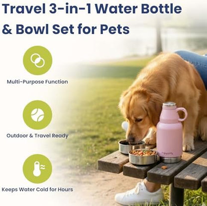 PawsPik 3-in-1 Travel Dog Water Bottle & Bowl Set, 32oz, Pink - Image 2