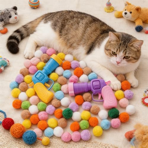 2Pcs Cat Ball Launchers with 100Pcs Pom Pom Balls Cat Interactive Soft Ball Toy Interactive Pet Toys Launcher for Cats Indoor Play - Image 4