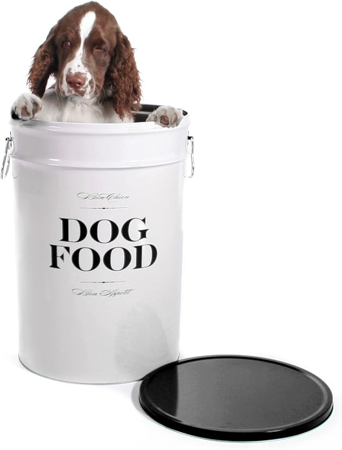 Harry Barker Bon Chien Dog Food Storage Canister – Medium 6.5 gallons, Airtight Stainless Steel Pet Food Container, Stylish Kitchen Counter Dog Kibble Storage with Easy-Open Lid - White
