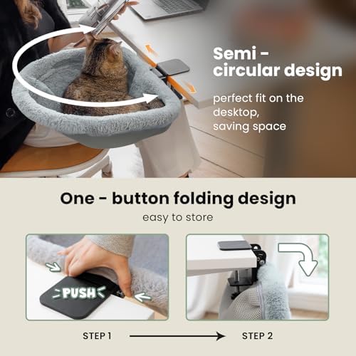 JUNSPOW Cat Desk Bed - One-Click Folding,Sunken Design & Space-Saving Semi-Circular Cat Bed, Soft Faux Rabbit Fur Material, Suitable for Various Desktops-Maximum Hold Up to 40lb - Image 4