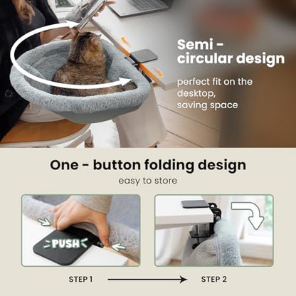 JUNSPOW Cat Desk Bed - One-Click Folding,Sunken Design & Space-Saving Semi-Circular Cat Bed, Soft Faux Rabbit Fur Material, Suitable for Various Desktops-Maximum Hold Up to 40lb - Image 4