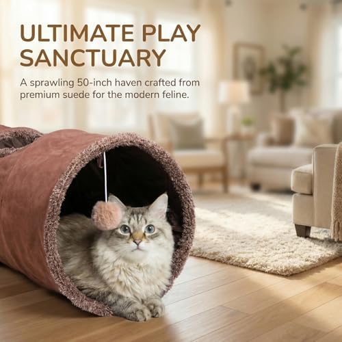 ZENFUN 51"x 12" Collasiple Cat Play Tunnel, Cats Tubes and Tunnels, Cat Foldable Hide and Seek Tunnel Toy, Brown Suede Pet Tube Toy for Rabbits, Ferrets, Puppy, Diameter 12 Inch - Image 6