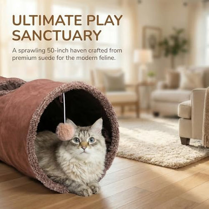 ZENFUN 51"x 12" Collasiple Cat Play Tunnel, Cats Tubes and Tunnels, Cat Foldable Hide and Seek Tunnel Toy, Brown Suede Pet Tube Toy for Rabbits, Ferrets, Puppy, Diameter 12 Inch - Image 6