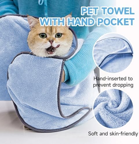 Dog Towels for Drying Dogs Small Medium Large, 2 Pack Dog Cat Drying Bath Towel 30.3"x13.8" with Hand Pocket,Absorbent Pet Towel for Dog Cat Blue - Image 4