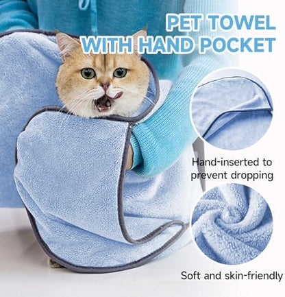 Dog Towels for Drying Dogs Small Medium Large, 2 Pack Dog Cat Drying Bath Towel 30.3"x13.8" with Hand Pocket,Absorbent Pet Towel for Dog Cat Blue - Image 4