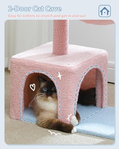 MUTTROS Flower Cat Tree with Large Metal Frame Hammock, 35" Pink Cat Tower with Sisal Scratching Posts for Small Indoor Cats, Cat Condo with Blue Top Perch for Kittens, Fluffy Ball, Pink - Image 6