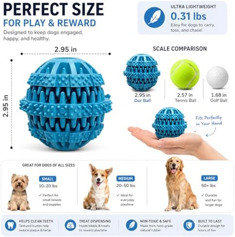 Rubber Dog Chew Toy Ball, Blue and Yellow, Bite-Resistant, Interactive Teeth Cleaning, Hidden Food Treat Dispenser for Dogs (Blue) - Image 4