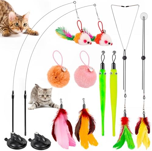 Cat Toys, 2 Pack 3 in 1 Interactive Cat Toy for Indoor Cats with Sticky Super Suction Cup Detachable 10 Pcs Replacements Feathers Balls Mice 2 Wand Hanging Door Kitten Toys by HOSFROLL
