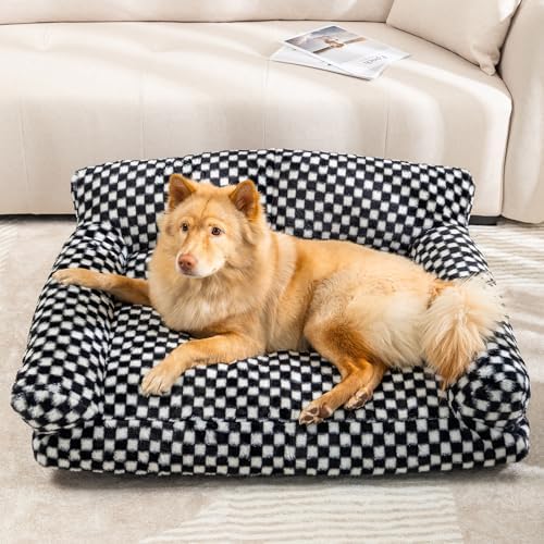 Faux Fur Cat & Dog Sofa Cat Couch Mini Cat Bed Indoor Human Style Pet Sofa, Modern Pet Furniture for Cats, Washable ＆ Removable Cover, for Cats and Small Medium Dogs (Black/White, X-Large(36X27 inch)) by WARFORT
