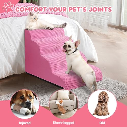 Zerbuger Dog Ramp and Stairs for Bed, Pink 4 Steps 20" H, Nonslip Cover - Image 3