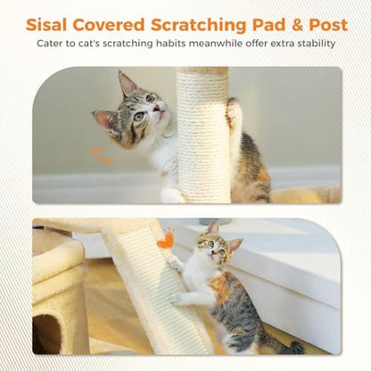 PEQULTI Small Cat Tree Tower for Indoor Cats with Large Perch, Beige - Image 4
