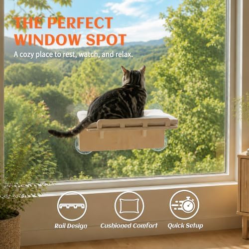 PETKARAY Cat Window Perch with Rail, Wood Hammock Window Bed for Cats - Image 6