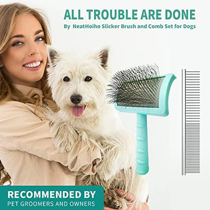 Large Slicker Brush & Green-comb Value Kit, Extra Long Pin Dog Grooming Brush for Curly Hair Goldendoodles, Removes Long and Loose Hair & Undercoat - Image 3