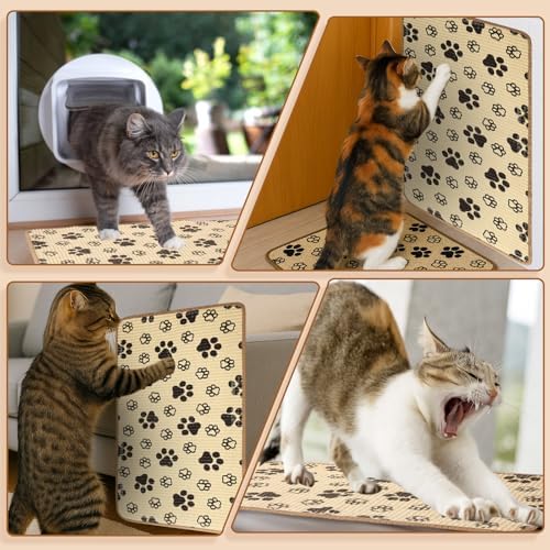 2 Pcs Cat Scratcher Mat Natural Sisal Rug with Cute Paw Print Cat Scratch Scratching Pad Protector for Indoor Floor Wall Couch Furniture with Self-Adhesive Tape 24 x 16 Inch - Image 2
