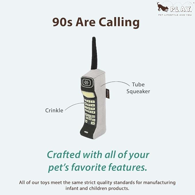 P.L.A.Y. Cute Plush Dog Toys - 1990s Classics Themed Durable Squeaker Crinkle Chew Toy, Great for Puppies & Small, Medium, Large Dog - Machine Washable, Recycled Material (90s Are Calling Block Phone)