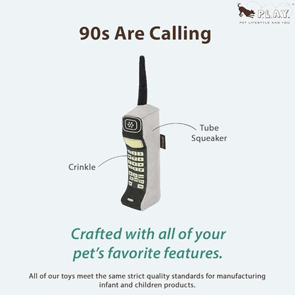 P.L.A.Y. Cute Plush Dog Toys - 1990s Classics Themed Durable Squeaker Crinkle Chew Toy, Great for Puppies & Small, Medium, Large Dog - Machine Washable, Recycled Material (90s Are Calling Block Phone)