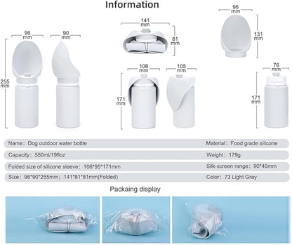 Large Dog Water Bottle,Travel Size Leak Proof Portable Soft Silicone Foldable Storage Puppy Water Dispenser for Pets Outdoor Walking, Hiking, Travel(19 oz Grey)