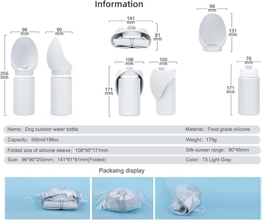 Large Dog Water Bottle,Travel Size Leak Proof Portable Soft Silicone Foldable Storage Puppy Water Dispenser for Pets Outdoor Walking, Hiking, Travel(19 oz Grey)