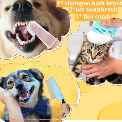 7pcs Pet Grooming Kit, Self-Cleaning Brush Shedding Kit with Nail Clipper, Flea Comb, Shampoo Bath Brush, Finger Toothbrush, Storage Bag (Blue) - Image 6