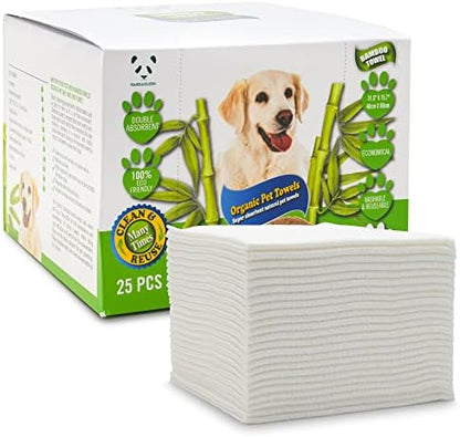 Bamboo Pet Towel 25 PCS - Reusable Bamboo Paper Towels for Dogs, Cats and Other Pets are Machine Washable Up to 5 Times | Disposable Pet Wipes for Drying and Cleaning Dirty Pets by PANDAKLEEN