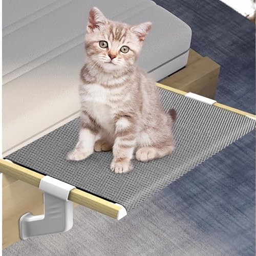 Cat Bed Window Sill Perch,Adjustable Cat Bedside Hammock Metal Frame Kitten Shelf Windowsill for Indoor Large Heavy Cats No Drilling Window Sill Extender for Pets (Wood, M) - Image 2