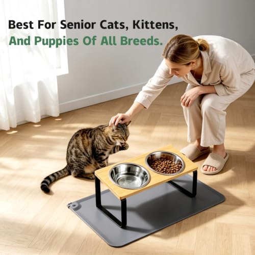 Elevated Tilted Cat Food Bowls with Mat, 304 Stainless Steel 2 Water Bowls - Image 3