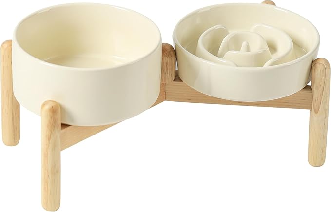 Ceramic 0.9 Cup Raised Slow Feeder Dog Bowl Set, Elevated 6.1inch Water Bowl and 6.1inch Slow Dish with Wooden Stand for Small Dogs (2 x Light Yellow+ Stand)