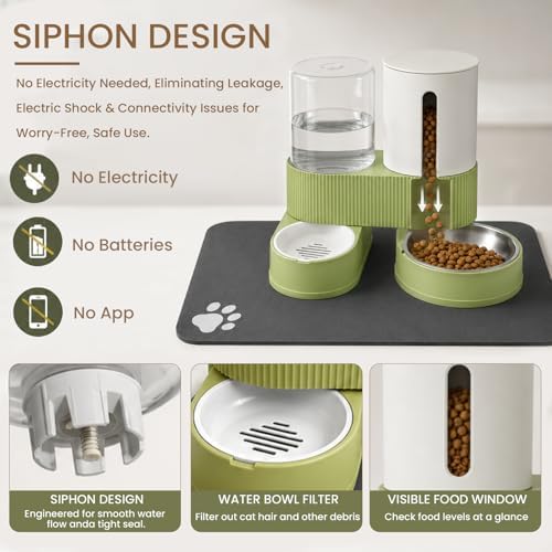 Gravity Cat Feeder 2 Pack Automatic Food Feeder and Water Dispenser Set Detachable Pet Bowl with Silicone Mat for Cats Small Medium Dogs, Large Capacity(Green) - Image 3