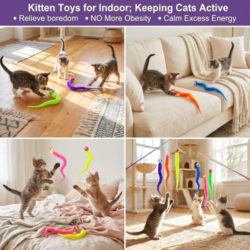 6 Pcs Cat Ball Toy Interactive Cats Bouncy Ball-Colorful Worm with Ball-Toy Mixed Bouncy Balls Rainbow Fuzzy Worm Weasel Balls for Indoor Cats(Multicolor) - Image 7