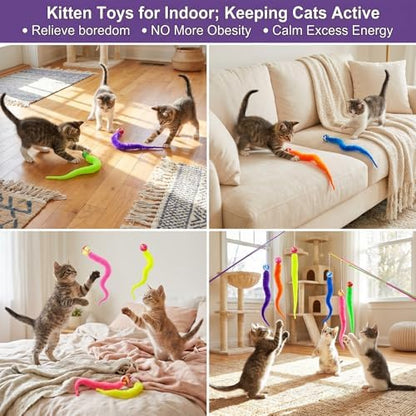 6 Pcs Cat Ball Toy Interactive Cats Bouncy Ball-Colorful Worm with Ball-Toy Mixed Bouncy Balls Rainbow Fuzzy Worm Weasel Balls for Indoor Cats(Multicolor) - Image 7