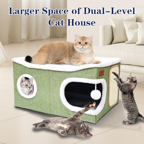 Extra Large Cat Beds for Indoor Cats, Covered Cat Cave Beds & Furniture with Scratch Pad and Fluffy Ball, Foldable Condo Hideaway with Reversible Cushion for Multi Small Pet Large Kittens, Green - Image 4