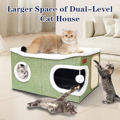 Extra Large Cat Beds for Indoor Cats, Covered Cat Cave Beds & Furniture with Scratch Pad and Fluffy Ball, Foldable Condo Hideaway with Reversible Cushion for Multi Small Pet Large Kittens, Green - Image 4