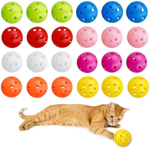 24Pcs Cat Ball Toy, Low Noise No Bells Holey Plastic Cat Balls, Funny Interactive Cats Toys for Indoor Cats, Firm Toy Balls for Kitten Puppy Ferret Bird (1.65") by ENERKEEN