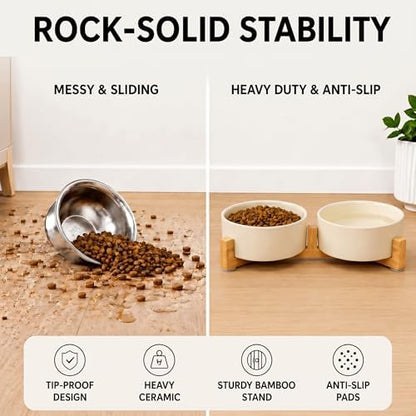 SPUNKYJUNKY Ceramic Dog and Cat Bowl Set with Wooden Stand, Modern Cute Weighted Food Water Set for Small Size Dogs (13.5OZ) & Medium Sized Dogs (28.7OZ) & Cats (1.7 Cups, 2 × Beige) - Image 3