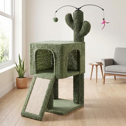 32" Cactus Cat Tree for Indoor Cats, 2-in-1 Cat House with Sisal Scratching Post & Ramp, 2-Level Cat Tower with Rotatable Feather & Ball Toys, Stable Cat Condo for Small/Medium Cats, Green - Image 3