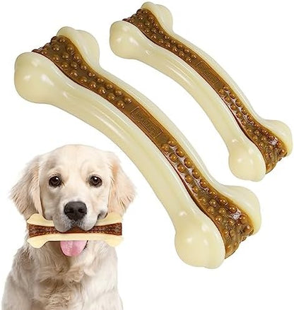 Dog Toys for Aggressive Chewers, 2 Pack Nylon Durable Dog Bones with Real Beef Flavor for Large/Medium/Small Breeds Pet Chew Toys by Geeyteek