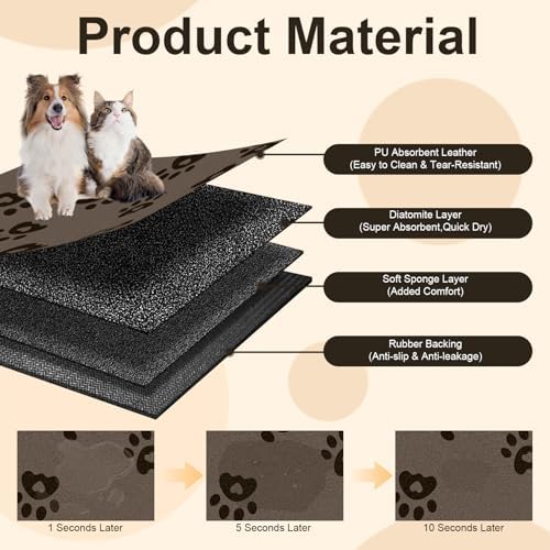 BLESWIN Pet Feeding Mats 16"x24", Water Absorbing Mat for Dog Bowl, Dog Dish Mats for Floors Waterproof, Non Slip Mat for Dogs, Pet Water Mat Protect Floor, Cat Mat for Food and Water, Brown - Image 3