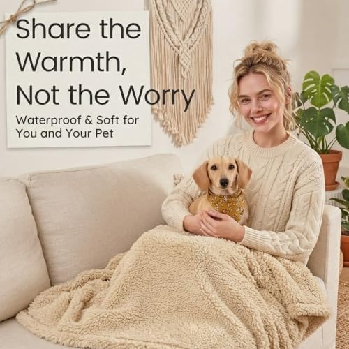 Waterproof Dog Blanket Reversible Pet Bed Cover Puppy Fluffy Cream Blankets Leakproof Sofa Couch Cover Cat Pet Blanket for Warm Washable-L - Image 3